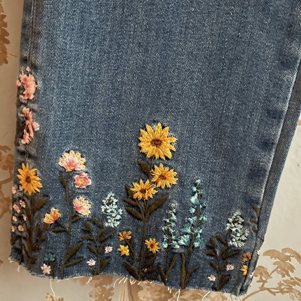 Driftwood Womens Floral Embroidered Straight Leg Jeans Size 32 Boho Denim Y2K - Picture 10 of 13